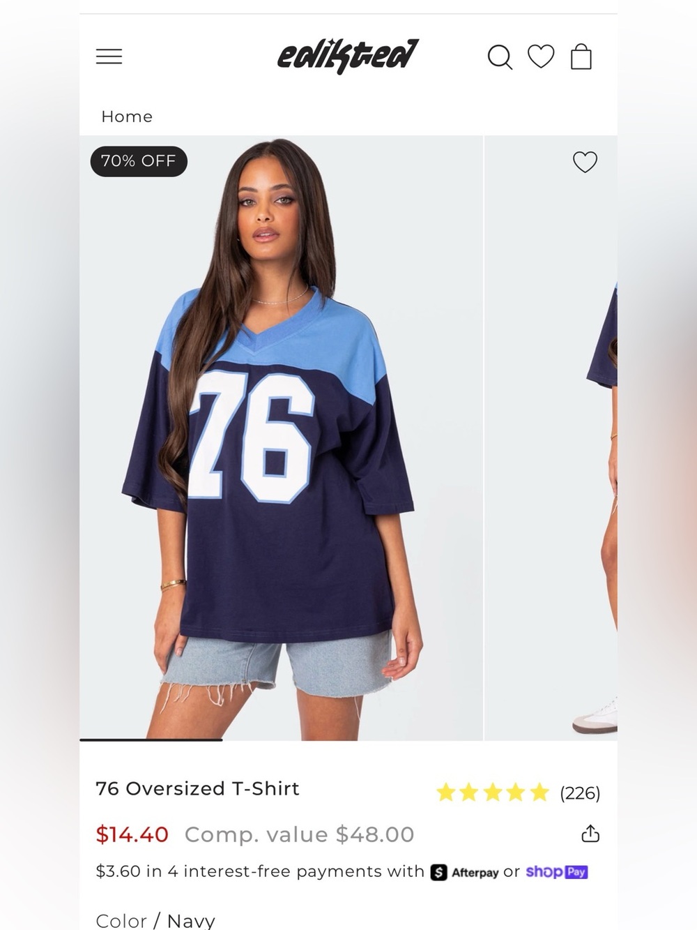 Edikted Oversized 76 Football Tee in Navy and Light Blue
